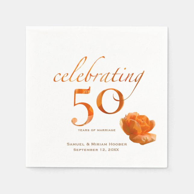 50th wedding anniversary elegant peach roses name napkin (Front)