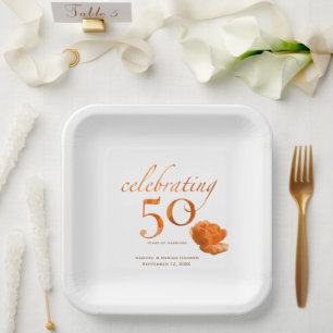 50th wedding anniversary elegant peach roses name paper plate