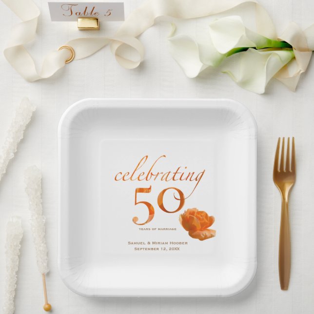 50th wedding anniversary elegant peach roses name paper plate (Wedding)