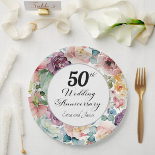50th Wedding Anniversary Elegant Script Floral Paper Plate