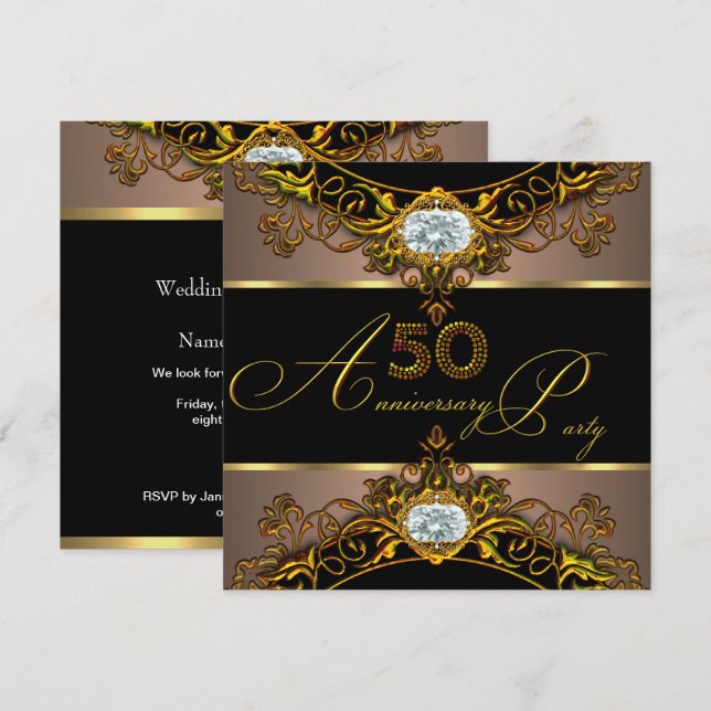 50th Wedding Anniversary Elite Coffee Black Gold 2 Invitation (Front/Back)