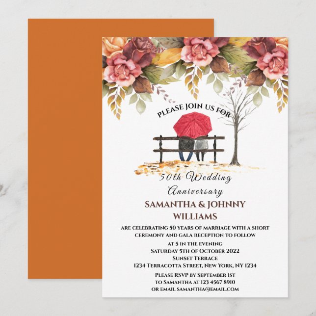 50th Wedding Anniversary Fall Autumn Botanical Invitation (Front/Back)