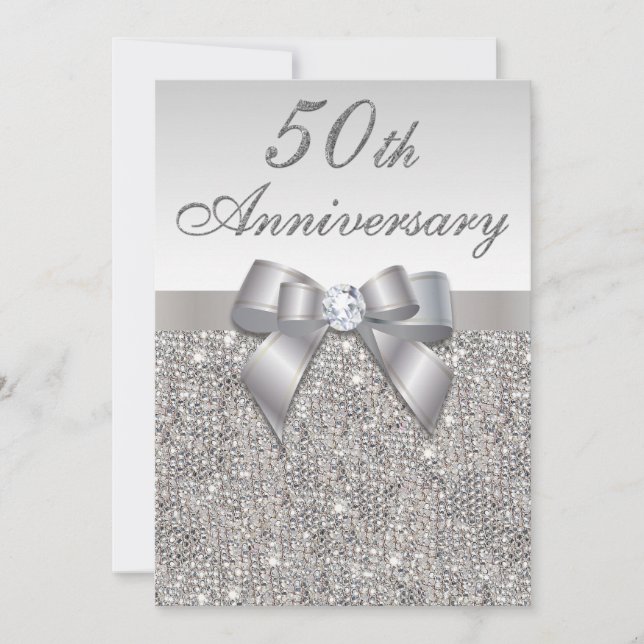50th Wedding Anniversary Faux Silver Sequins & Bow Invitation (Front)