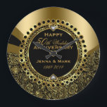 50th Wedding Anniversary Floral Black & Gold Large Clock<br><div class="desc">Elegant gold wedding anniversary commemorative plate with black and gold floral vintage paisley damasks with ornate circle frame and 3 white diamonds hearts. All wedding anniversary colours in this design, can be requested. If you need any help customising, changing colour, or anything else to any of my designs, contact ArtOnWear...</div>