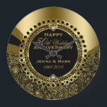 50th Wedding Anniversary Floral Black & Gold Large Clock<br><div class="desc">Elegant gold wedding anniversary commemorative plate with black and gold floral vintage paisley damasks with ornate circle frame and 3 white diamonds hearts. All wedding anniversary colours in this design, can be requested. If you need any help customising, changing colour, or anything else to any of my designs, contact ArtOnWear...</div>