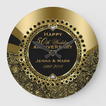 50th Wedding Anniversary Floral Black &amp; Gold Large Clock