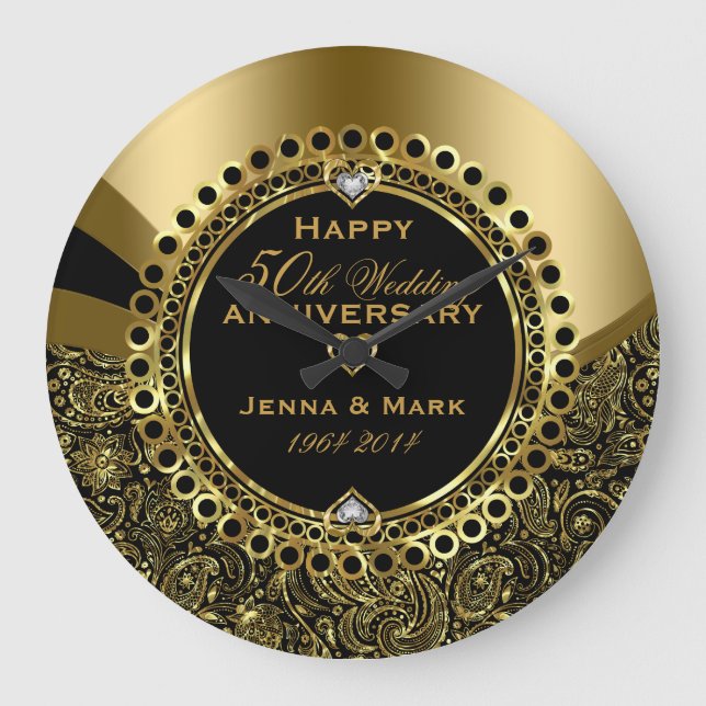 50th Wedding Anniversary Floral Black & Gold Large Clock (Front)