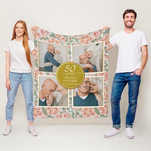 50th Wedding Anniversary Floral Gold Photo Fleece Blanket (In Situ)
