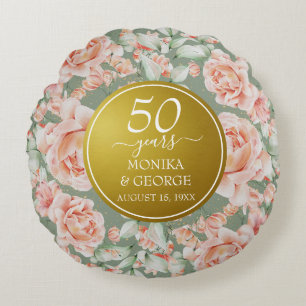 50th Wedding Anniversary Floral Gold Photo Round Cushion