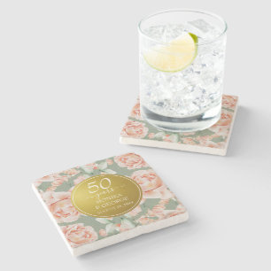 50th Wedding Anniversary Floral Gold Stone Coaster