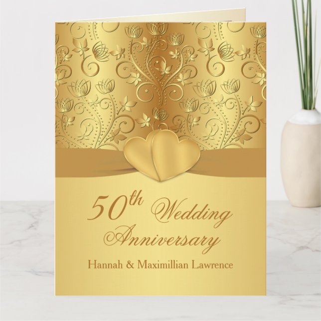 50th Wedding Anniversary Floral Golden Hearts Card (Front)