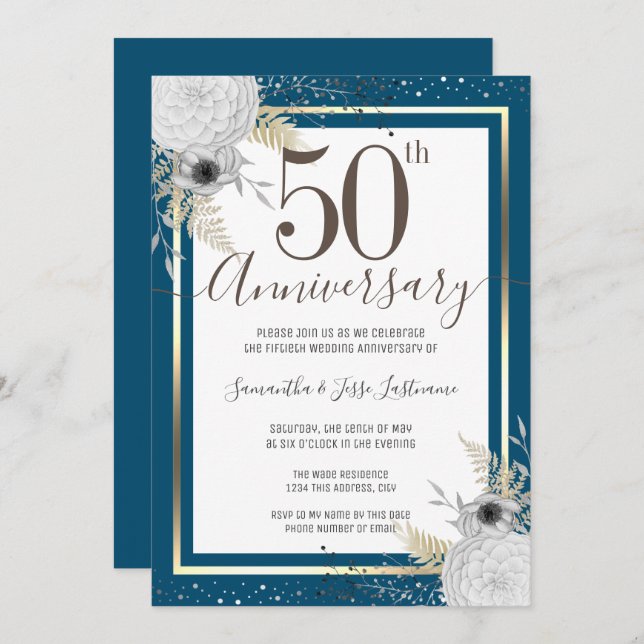 50th Wedding Anniversary Floral  Invitation (Front/Back)