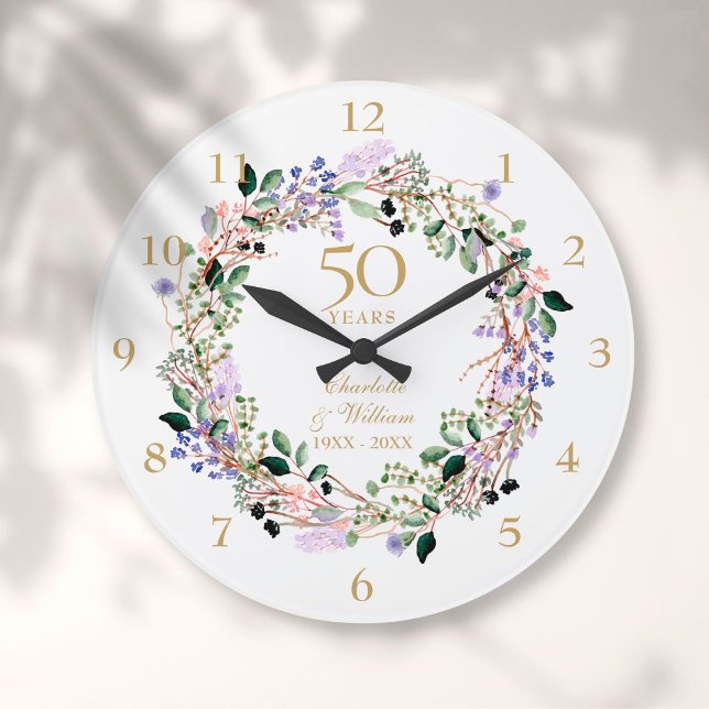 50th Wedding Anniversary Floral Lavender Garland Large Clock (Creator Uploaded)