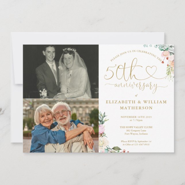 50th Wedding Anniversary Floral Monogram 2 Photos Invitation (Front)