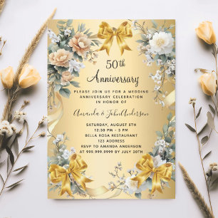 50th wedding anniversary florals gold bows invitation
