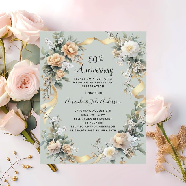 50th wedding anniversary florals gold invitation (Creator Uploaded)