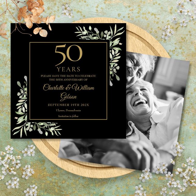 50th Wedding Anniversary Foliage Black Gold Photo Save The Date (50th Wedding Anniversary Foliage Black Gold Photo Save The Date)