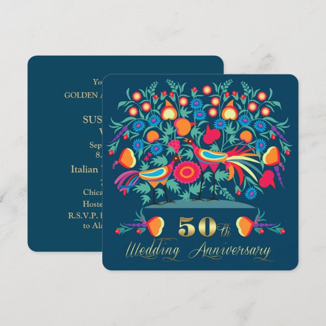 50th Wedding Anniversary Folk Art Invitation (Front/Back)