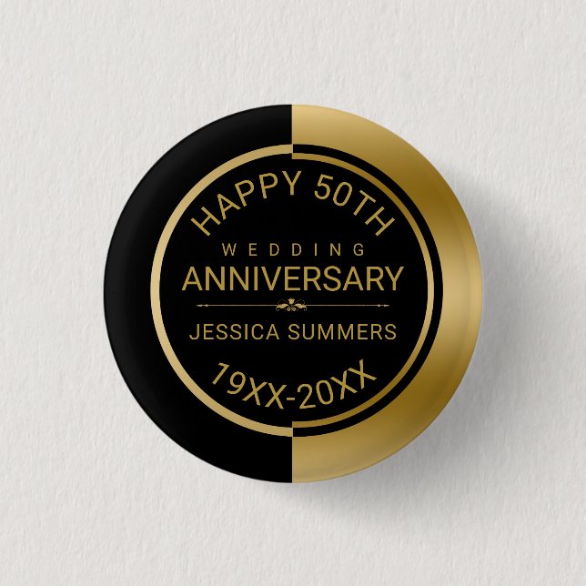 50th Wedding Anniversary Geometric Black & Gold 3 Cm Round Badge (Front)