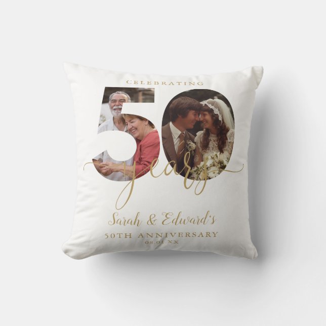 50th Wedding Anniversary Gold 2 Photo Cushion (Front)