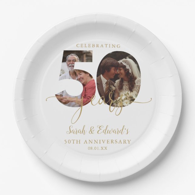 50th Wedding Anniversary Gold 2 Photo Paper Plate (Front)