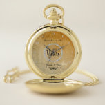 50th Wedding Anniversary Gold 50 Years Together Pocket Watch<br><div class="desc">Elegant, faux diamonds and gold, personalised 50th wedding anniversary pocket watch- Faux gold foil metallic look background. Reads '50 Years' in black script letters centred and framed by a circle of faux diamond gemstones. At the top is the wedding anniversary date. The bottom is personalised with the couple's name with...</div>