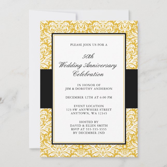 50th Wedding Anniversary Gold and Black Damask Invitation (Front)