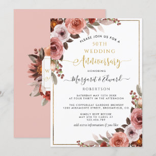 50th Wedding Anniversary, Gold and Blush Floral Invitation