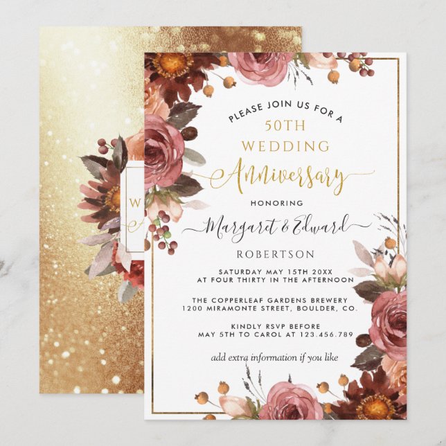 50th Wedding Anniversary, Gold and Burgundy Floral Invitation (Front/Back)