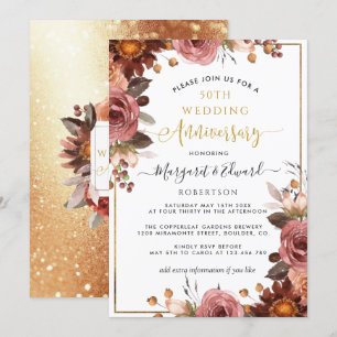 50th Wedding Anniversary, Gold and Burgundy Floral Invitation