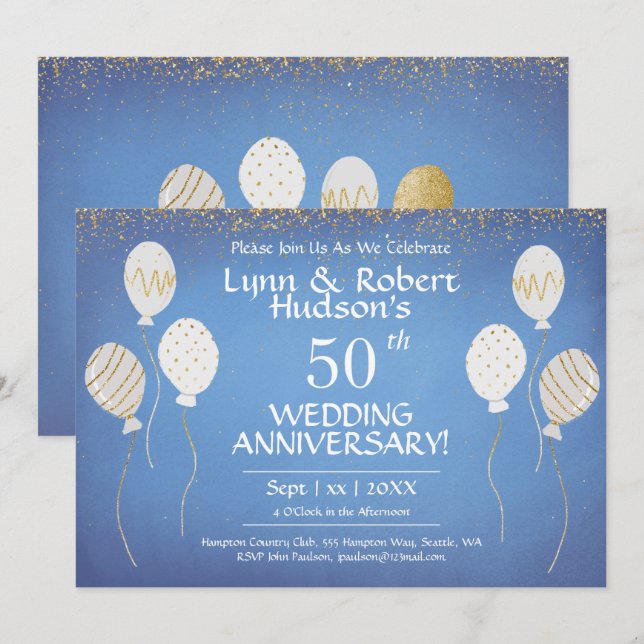 50th Wedding Anniversary, Gold and White Balloons  Invitation (Front/Back)