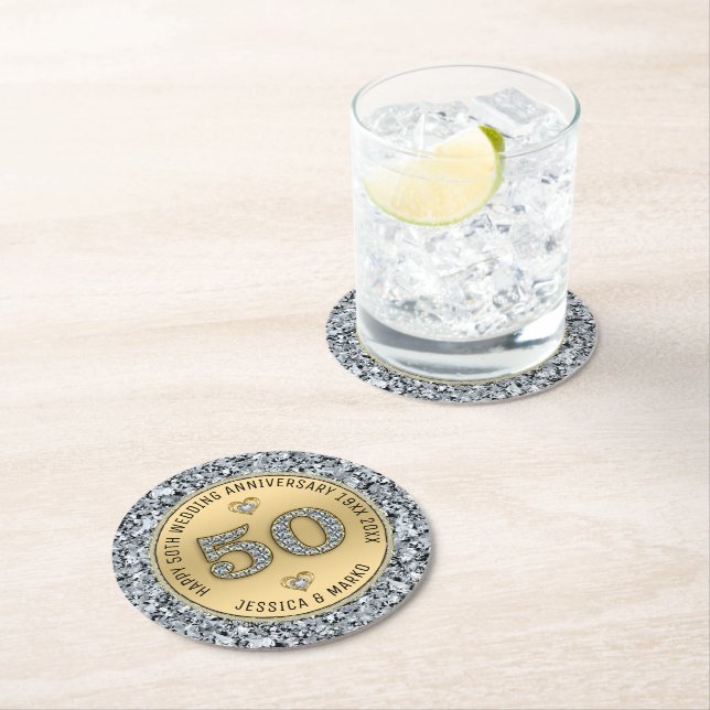 50th wedding anniversary gold and white diamonds round paper coaster (Insitu)