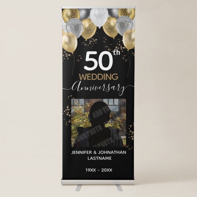 50th Wedding Anniversary Gold Balloons Retractable Banner (Front)