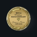 50th Wedding Anniversary Gold& Black 3 Cm Round Badge<br><div class="desc">Elegant 50th wedding anniversary metallic gold print with customisable text. Heart in heart diamond design accent</div>