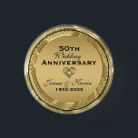 50th Wedding Anniversary Gold& Black 3 Cm Round Badge<br><div class="desc">Elegant 50th wedding anniversary metallic gold print with customisable text. Heart in heart diamond design accent</div>