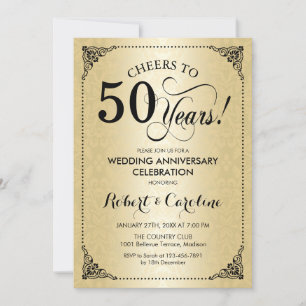 50th Wedding Anniversary - Gold Black Damask Invitation