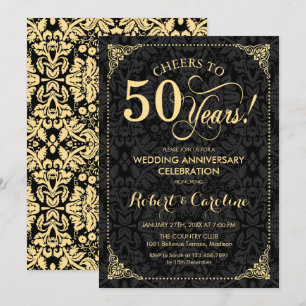 50th Wedding Anniversary - Gold Black Damask Invitation