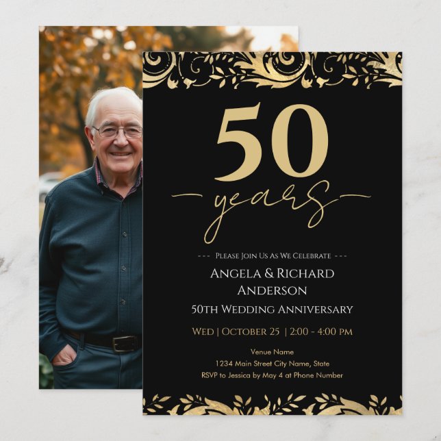 50th Wedding Anniversary Gold Black Invitation (Front/Back)
