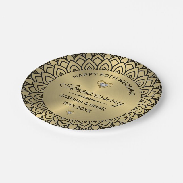 50th wedding anniversary gold & black mandala paper plate (Angled)