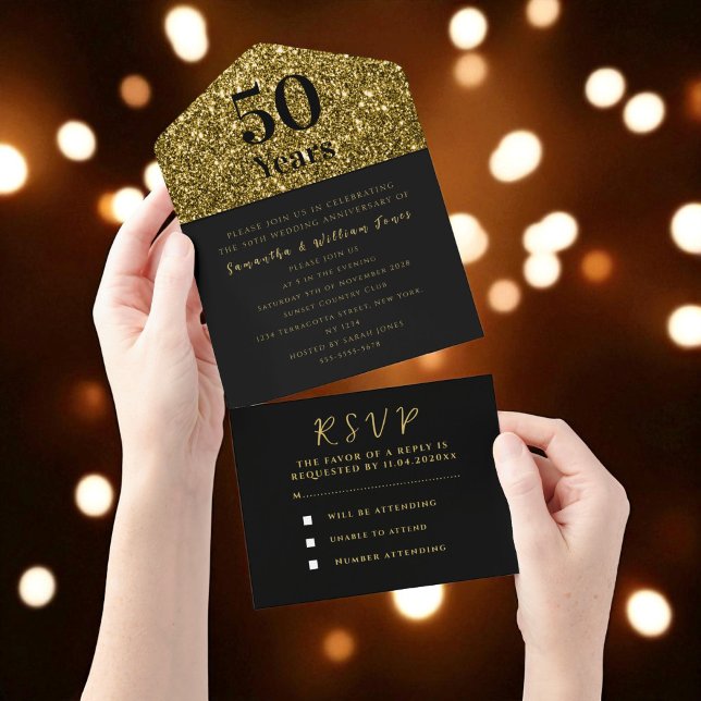 50th Wedding Anniversary Gold Black Modern All In One Invitation (Creator Uploaded)