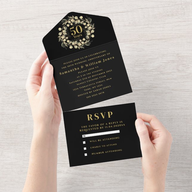 50th Wedding Anniversary Gold Black Modern All In One Invitation (Tearaway)