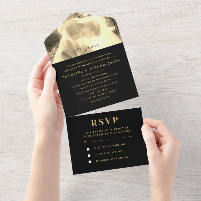 50th Wedding Anniversary Gold Black Photo All In One Invitation (Tearaway)