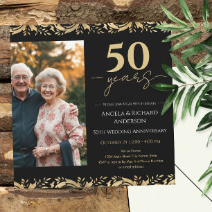 50th Wedding Anniversary Gold Black Photo Invitation