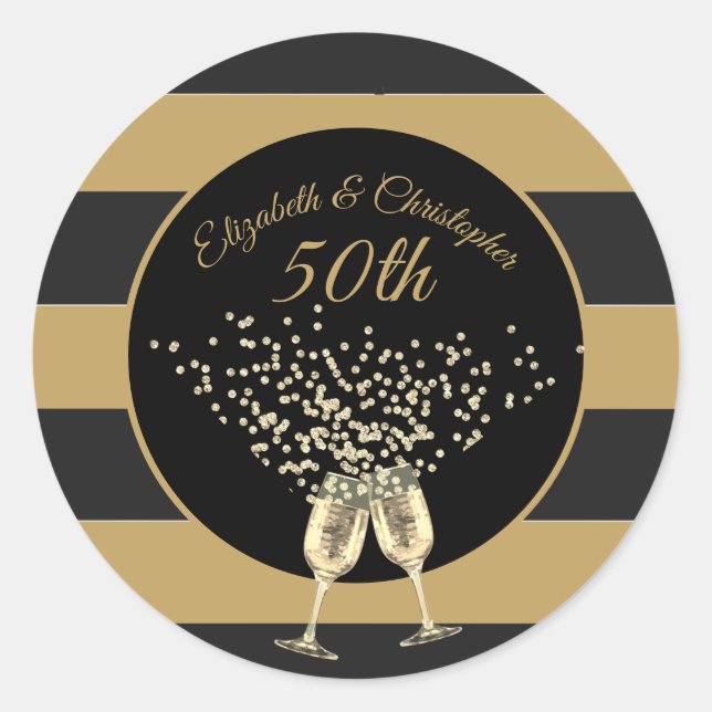 50th Wedding Anniversary Gold Black Stripe Elegant Classic Round Sticker (Front)