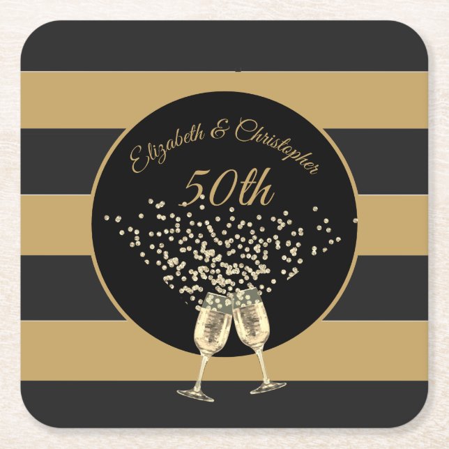 50th Wedding Anniversary Gold Black Stripe Elegant Square Paper Coaster (Front)