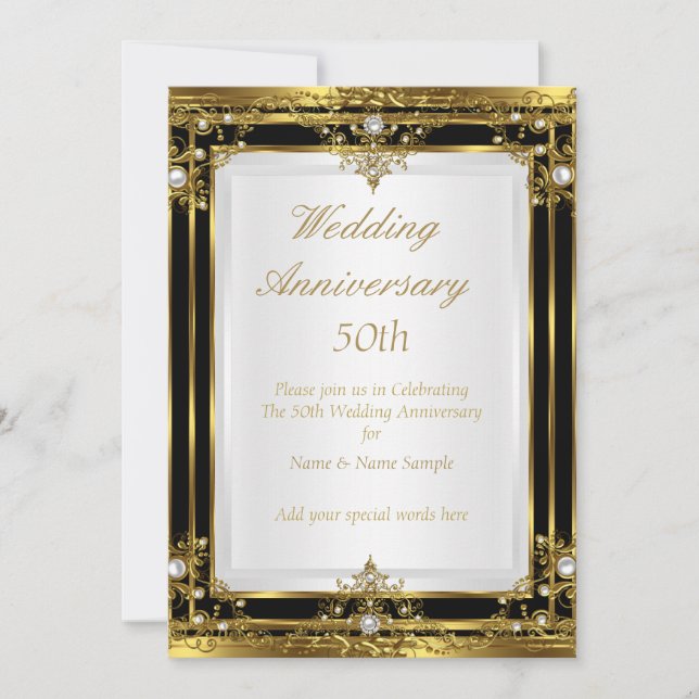 50th Wedding Anniversary Gold Black White Pearl 2 Invitation (Front)