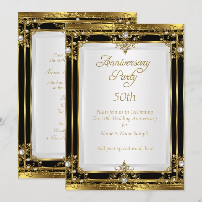 50th Wedding Anniversary Gold Black White Pearl Invitation (Front/Back)