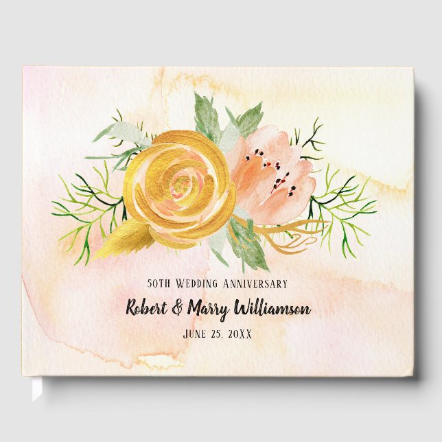 50th Wedding Anniversary Gold Blush Pink Floral Guest Book (Front)