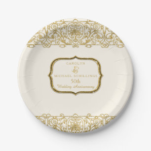 50th Wedding Anniversary Gold Cream Art Nouveau Paper Plate