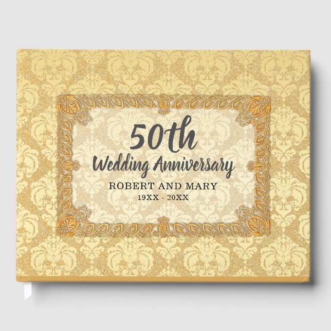 50th Wedding Anniversary Gold Damask Personalised Guest Book (Front)